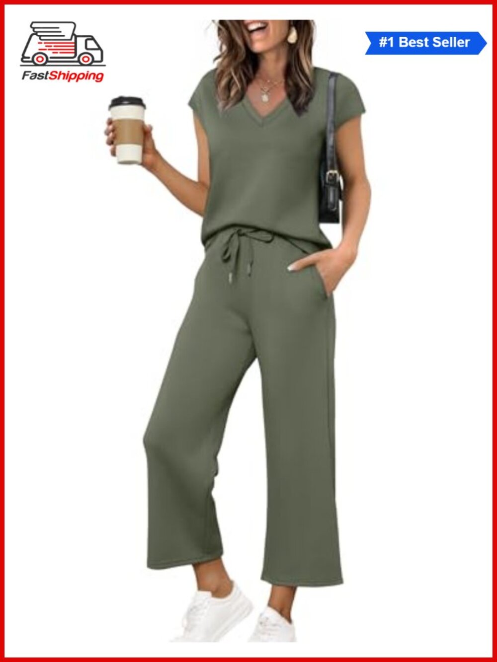 ✨Saloogoe Two Piece Set V Neck Cap Sleeve Top Wide Leg Pants Lounge Travel